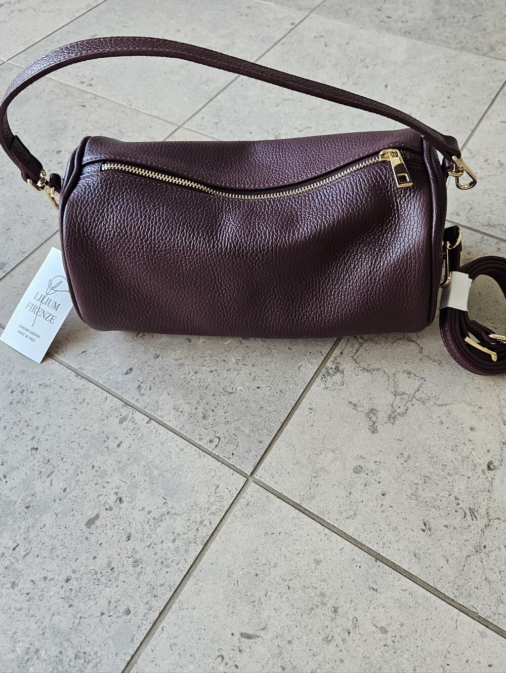 NWT Lilium Firenze Italian Leather Convertible Barrel Bag — Deep Burgundy​ Plum